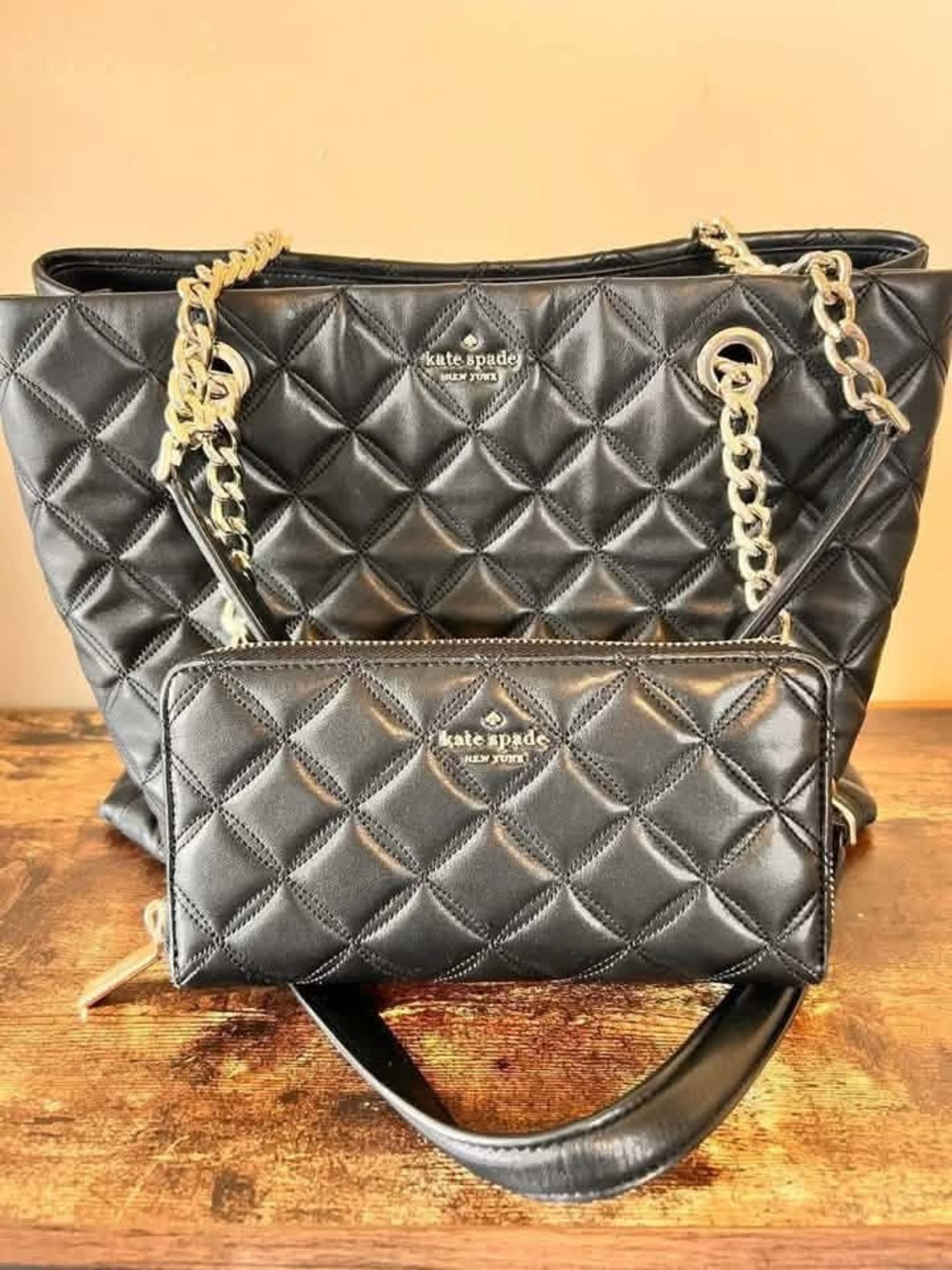 kate spade Black Quilted Leather Tote with Chain Handles and Zip Pouch